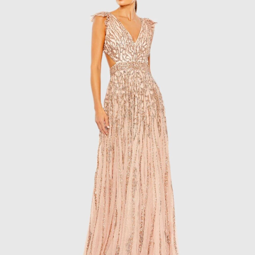 Mac Duggal Size 14 NWT Sequined Flutter Cap Sleeve Cut Out A Line Gown